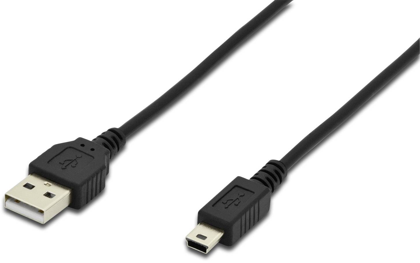 USB-Kabel mit Standard- und Mini-USB-Stecker, schwarz. Verwendet zum Verbinden und Aufladen elektronischer Geräte.
