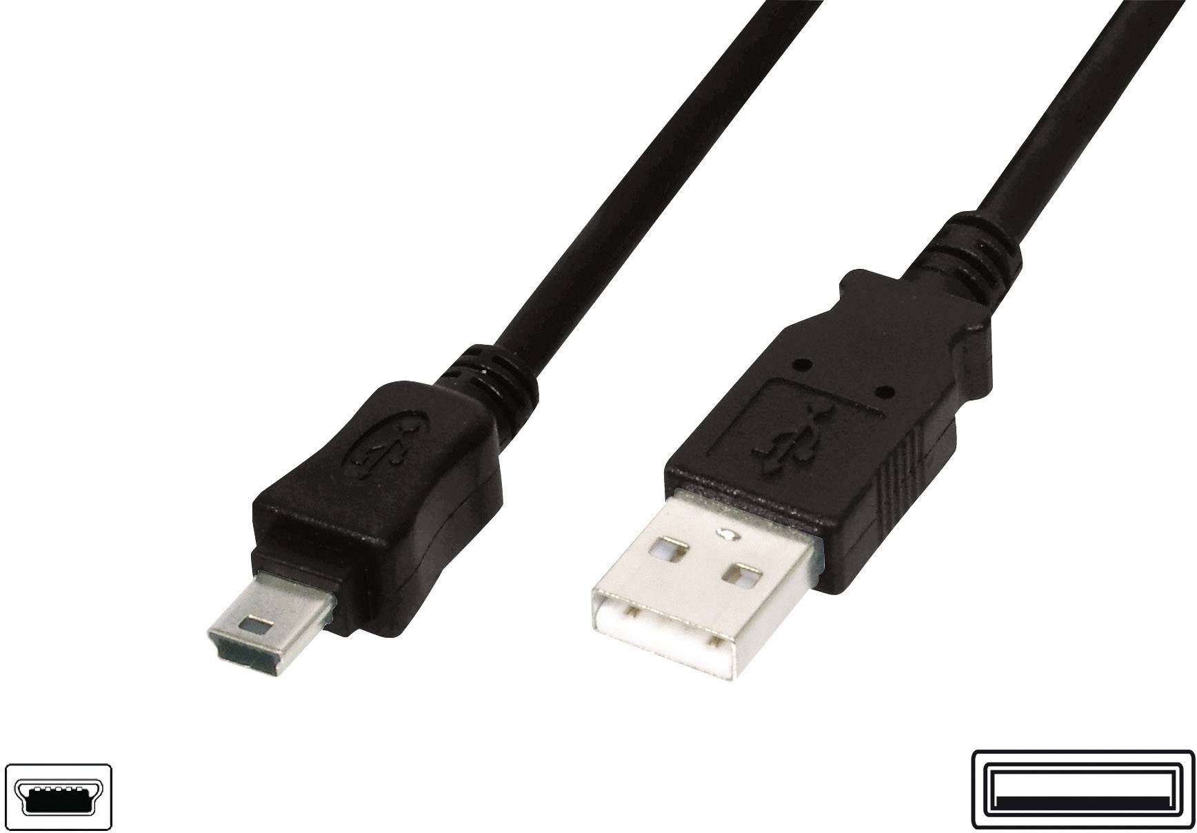 Ein USB-Kabel mit einem Standard-USB-Stecker auf der einen und einem Mini-USB-Stecker auf der anderen Seite.