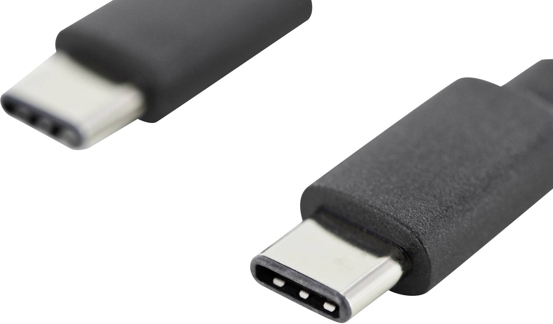 Zwei schwarze USB-C-Stecker mit silbernen Anschlüssen. Der obere Stecker ist leicht schräg, der untere Stecker liegt parallel zur Bildkante.