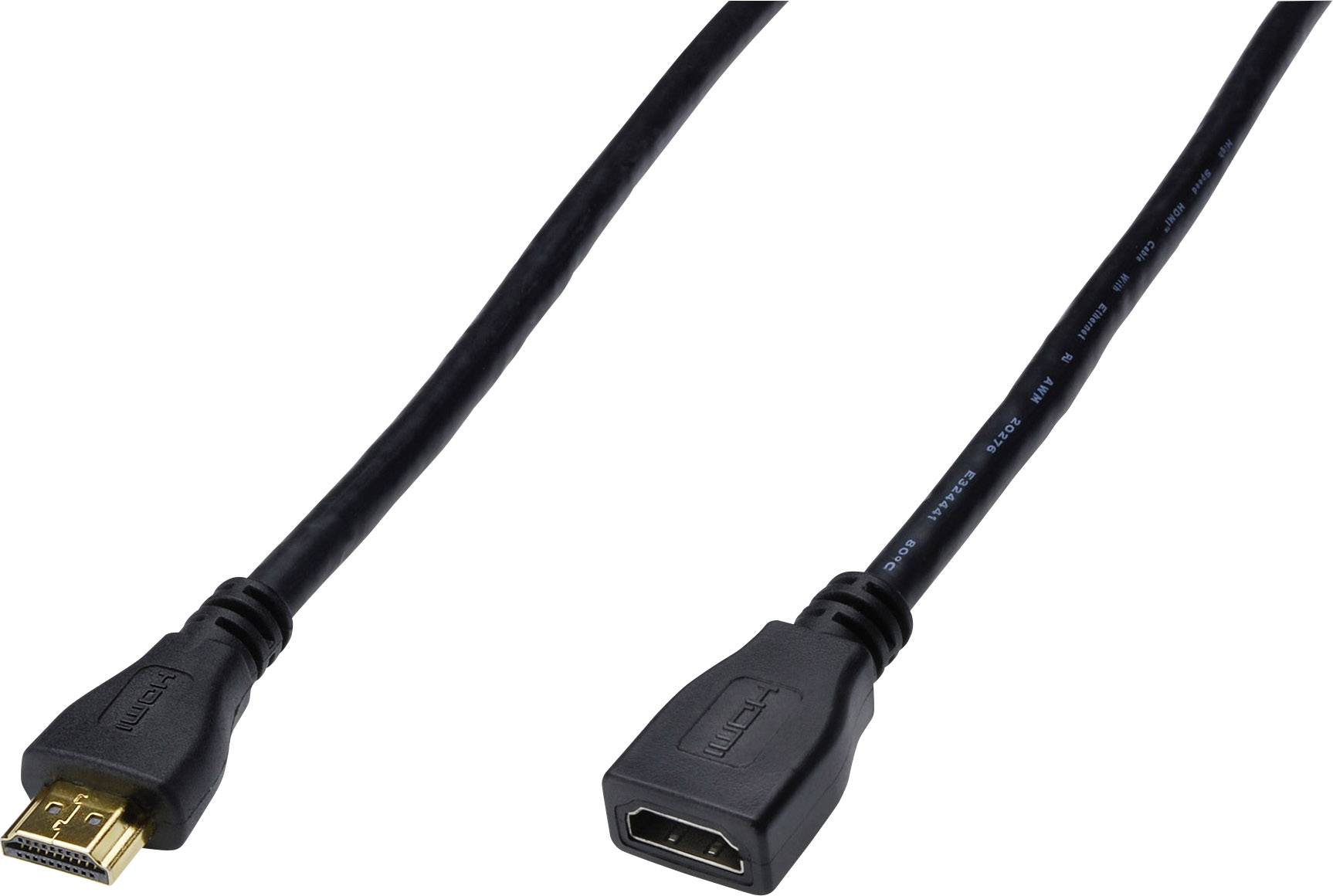 Ein schwarzes HDMI-Verlängerungskabel, linkes Ende ist ein Stecker und rechtes Ende eine Buchse.