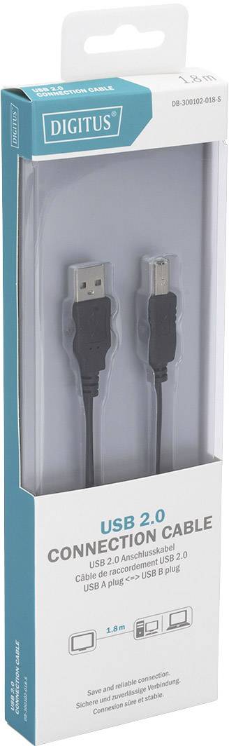 Digitus USB-Kabel USB 2.0 USB-A Stecker, USB-B Stecker 1.80 m Schwarz Rund, doppelt geschirmt DB-300102-018-S