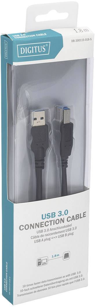 Digitus USB-Kabel USB 3.2 Gen1 USB-A Stecker, USB-B Stecker 1.80 m Schwarz Rund, dreifach geschirmt DB-300115-018-S