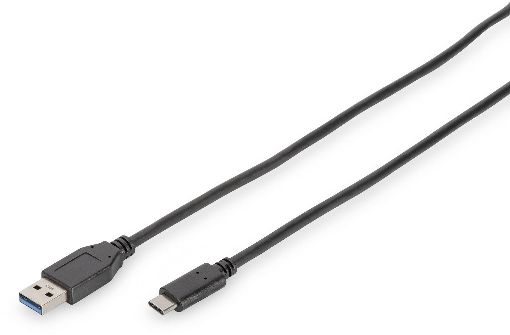 Ein schwarzes Kabel mit USB-A-Stecker auf einer Seite und USB-C-Stecker auf der anderen, geeignet für Datenübertragung und Laden.