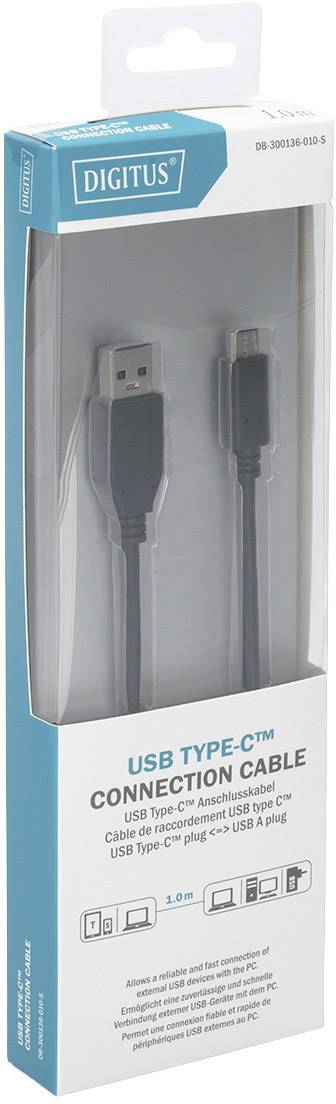 Eine Verpackung mit einem USB-C Verbindungskabel von Digitus, geeignet für Datenübertragung und Laden, 1 Meter Länge.