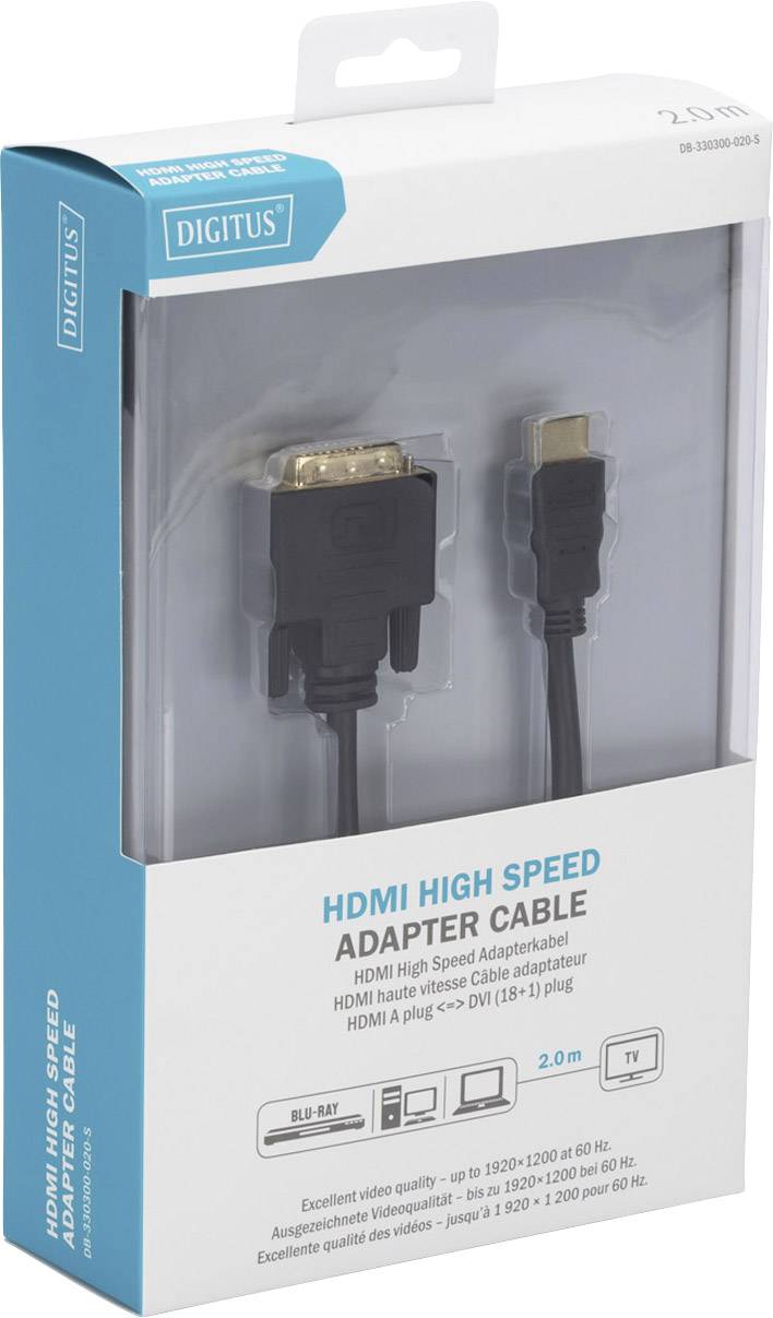 Verpackung eines HDMI High Speed Adapterkabels von Digitus, zeigt einen HDMI-zu-DVI Anschluss, geeignet für Blu-Ray und TV.