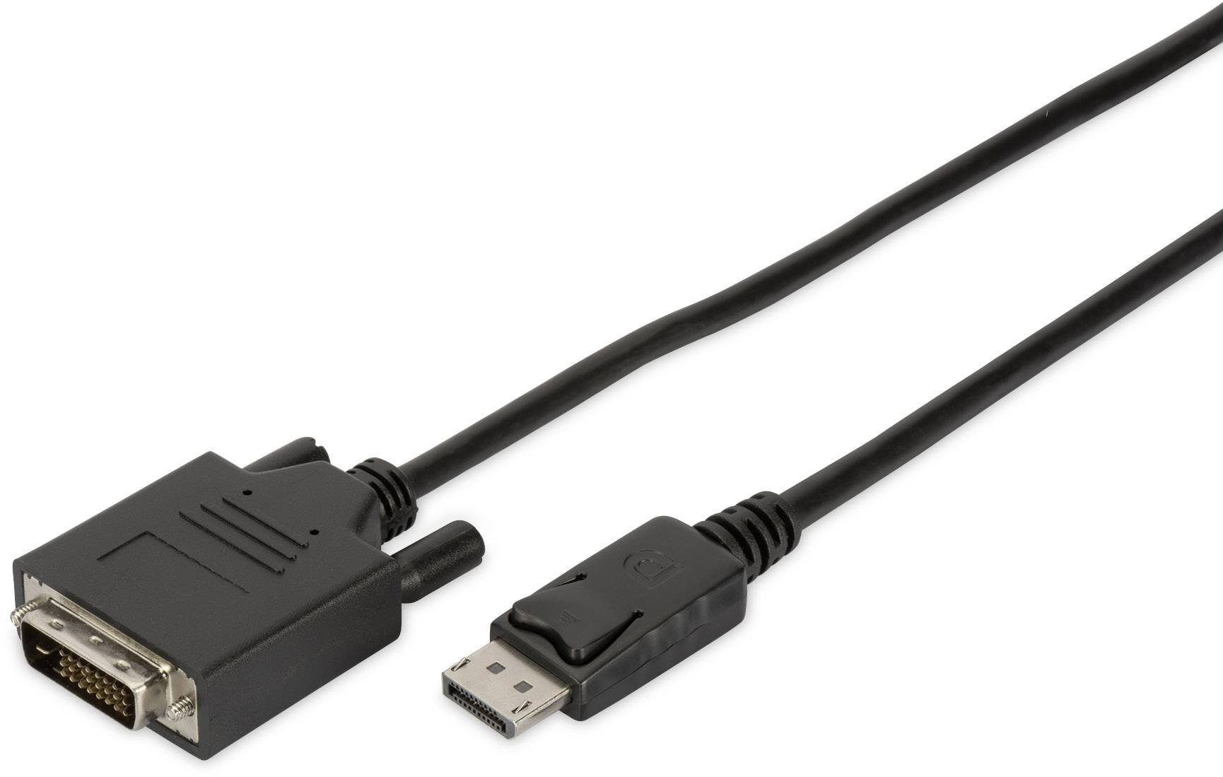 Ein schwarzes Kabel mit einem DVI-Stecker auf der einen Seite und einem DisplayPort-Stecker auf der anderen Seite.