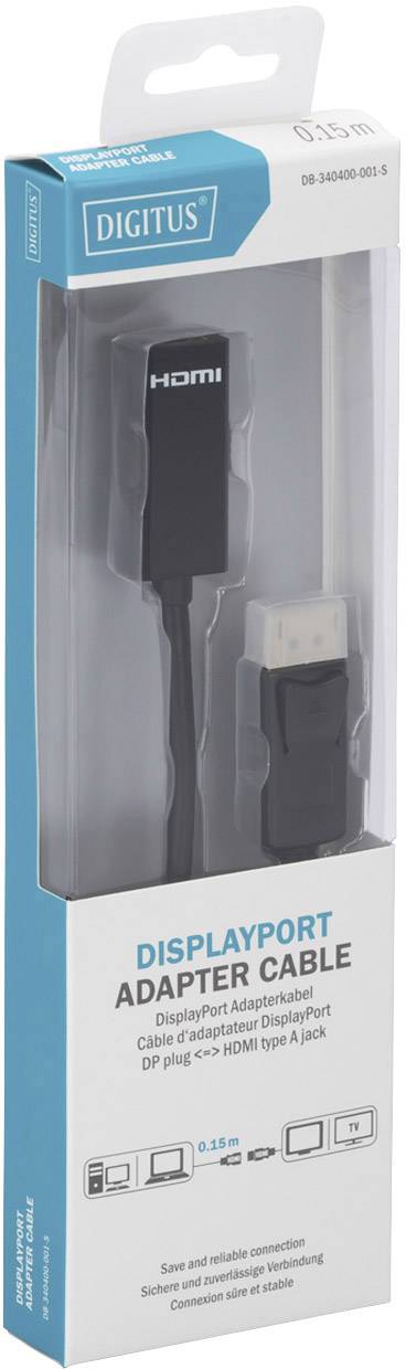 Digitus DB-340400-001-S DisplayPort / HDMI Adapter [1x DisplayPort Stecker - 1x HDMI-Buchse] Schwarz Rund, doppelt geschirmt, verriegelbar 15.00 cm