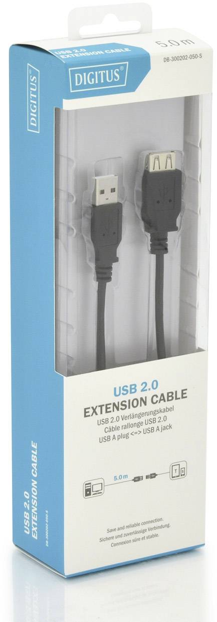 Digitus USB 2.0 Verlängerungskabel [1x USB 2.0 Stecker A - 1x USB 2.0 Buchse A] 5.00m Schwarz Rund, doppelt geschirmt