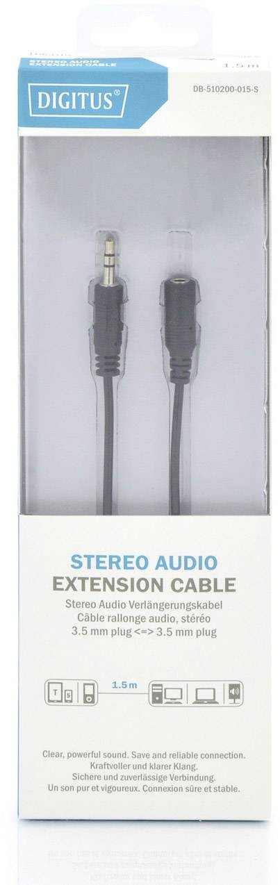 Verpackung eines Stereo-Audio-Verlängerungskabels, 3,5 mm Stecker zu 3,5 mm Buchse, 1,5 m Länge, Marke 'Digitus'.