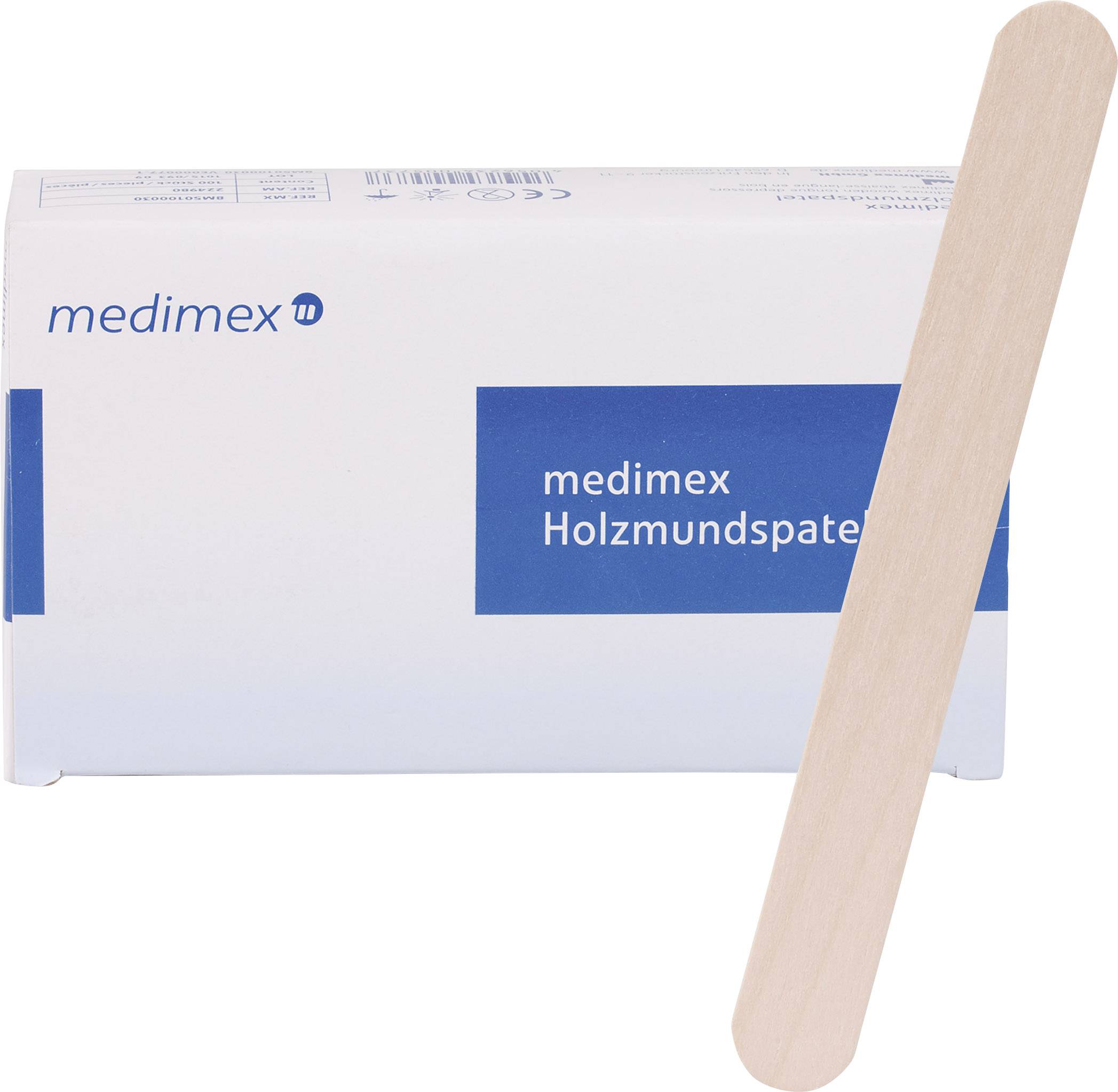 Eine Medimex-Verpackung mit der Aufschrift 'medimex Holzmundspatel' und ein einzelner Holzmundspatel liegen davor.