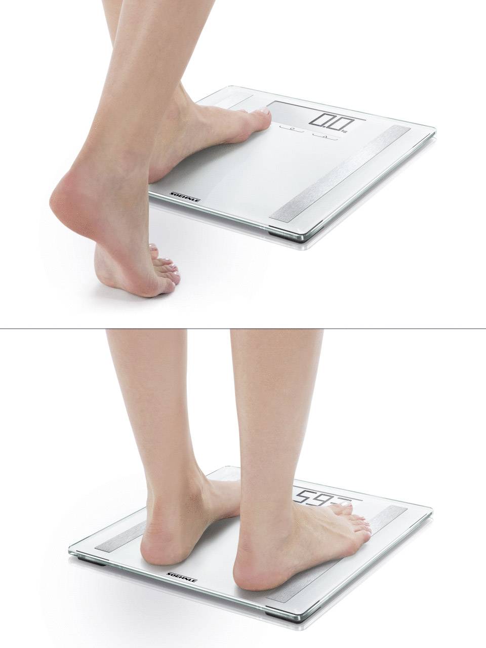 Eine Person steigt auf eine digitale Waage und das Display zeigt das Gewicht an. Die Waage hat eine Glasoberfläche.