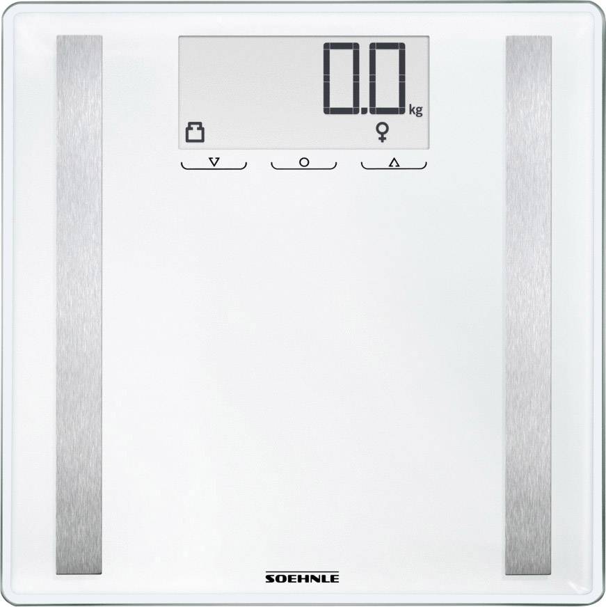 Soehnle digitale Küchenwaage mit großem Display, zeigt 0.0 kg an. Weiße Fläche mit zwei silbernen Streifen an den Seiten.