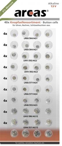 Arcas Knopfzellen-Set je 8x AG1, AG3, AG4, AG13sowie 4x AG5, AG12