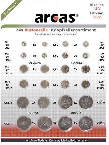 Arcas Knopfzellen-Set je 2x AG1, AG3, AG4, AG5, AG8, AG10, AG12, AG13, CR1620, CR2016, CR2025, CR203