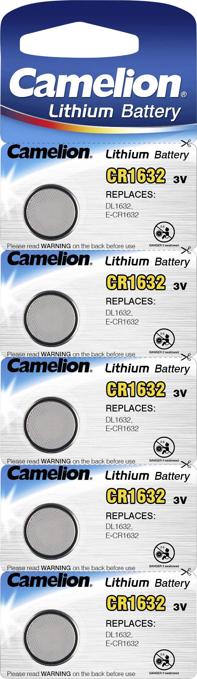 50x CR1632 Lithium Knopfzellen 3V 120mAh ø16x3,2mm Camelion Batterie im Blister 