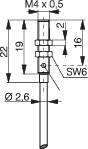 Technische Zeichnung eines Bolzens: M4 x 0,5 Gewinde, SW6 Schlüsselweite, Gesamtlänge 22 mm, 2 mm Höhe, 2,6 mm Durchmesser.