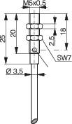 Technische Zeichnung eines zylinderförmigen Bauteils mit Maßangaben: M5x0,5 Gewinde, Höhe 25, Durchmesser 3,5, SW7, Länge 18.