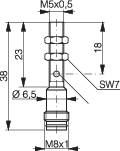 Technische Zeichnung einer Schraube mit M5x0,5 Gewinde oben, Ø6,5 mm Durchmesser und 23 mm Schaft. Detailmaße und Gewindeinformationen angezeigt.