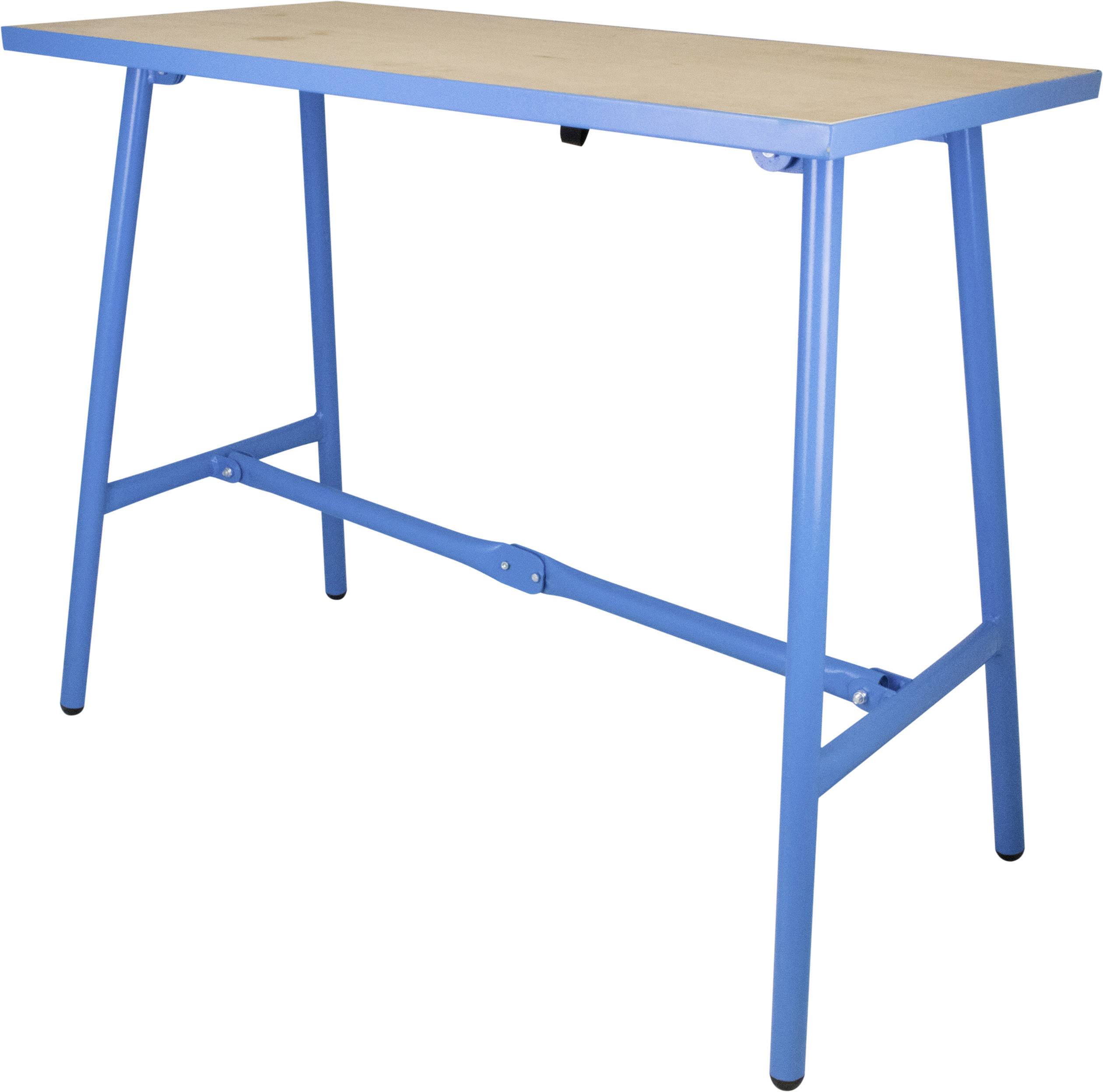 Blauer Tisch mit Holzplatte, einfacher, robuster Design. Geeignet für Büro- oder Heimarbeitsumgebung.