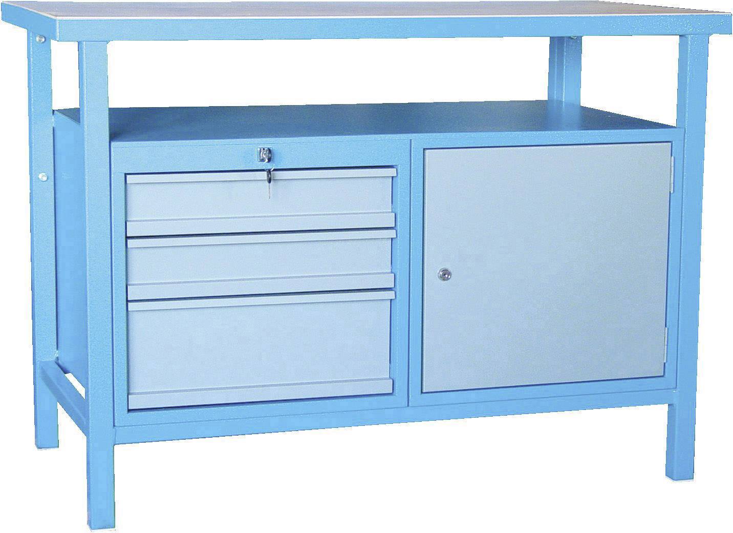 Blauer Arbeitstisch aus Metall mit drei Schubladen und einem abschließbaren Fach auf der rechten Seite. Ideal für Werkzeuge.