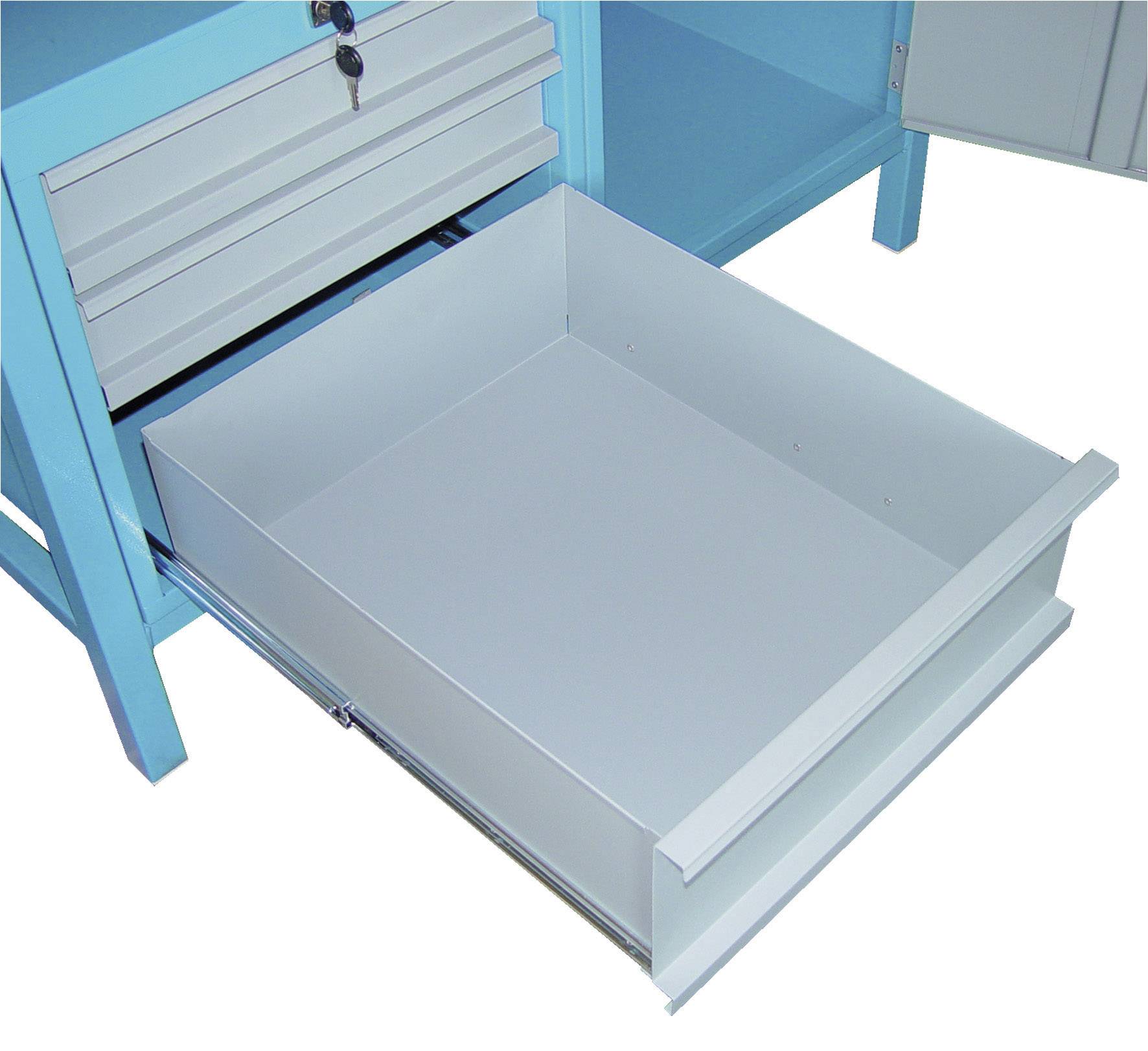 Geöffnete Metalllade eines blauen Werkstatttisches, zeigt leeren Aufbewahrungsraum unter zwei verschlossenen Schubladen.