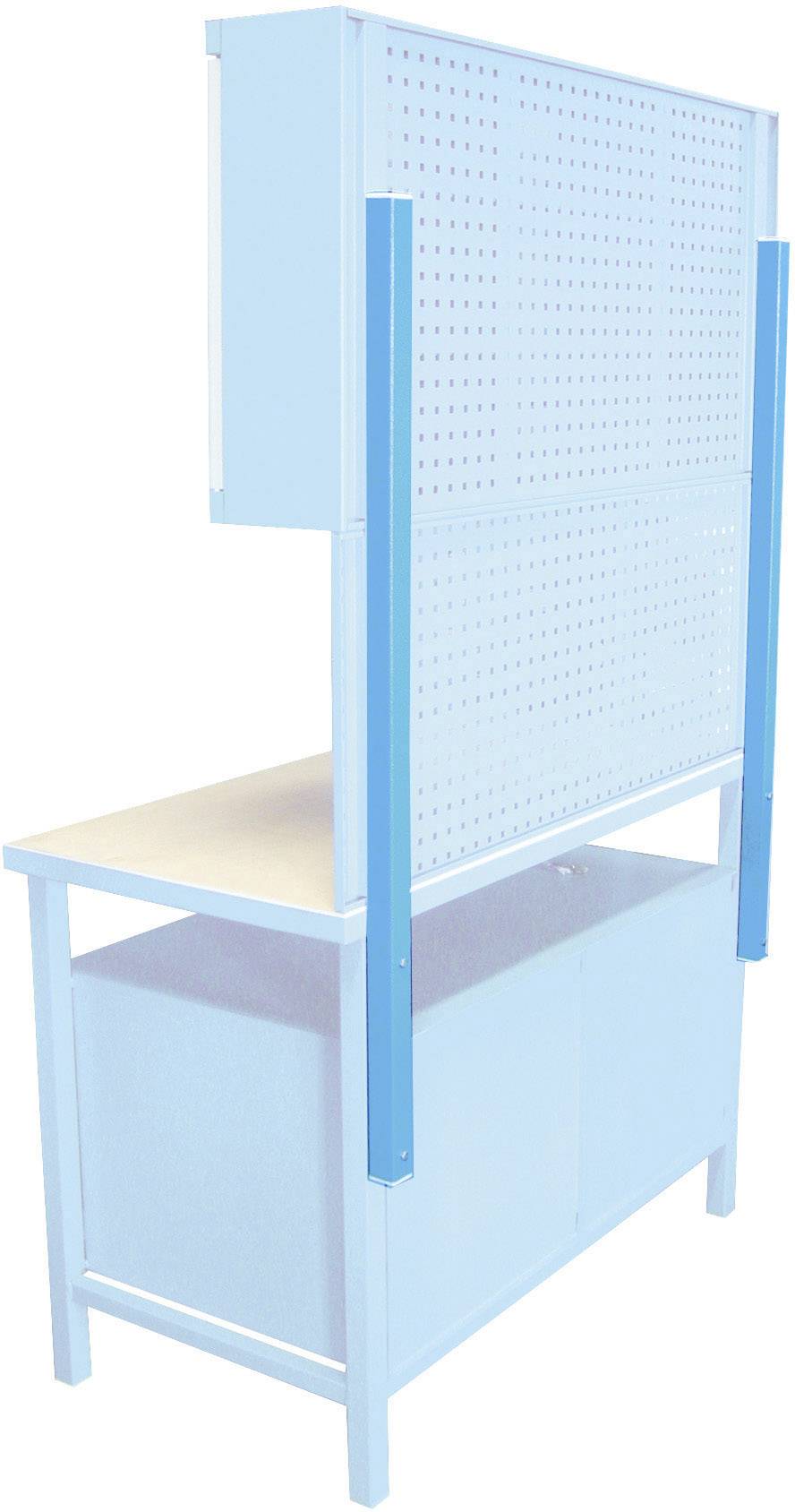 Arbeitsstation mit weißem Metallrahmen, Holzarbeitsfläche und Lochblechrückwand für Werkzeugaufbewahrung. Darunter ein Schrank.