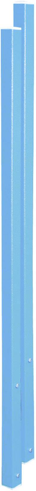 Zwei lange, blaue Metallstützen, vertikal nebeneinander, mit kleinen Löchern entlang ihrer Länge.