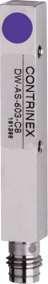 Ein rechteckiger, silberner Sensor von Contrinex mit der Aufschrift 'DW-AS-603-09' und Anschlussstecker unten.