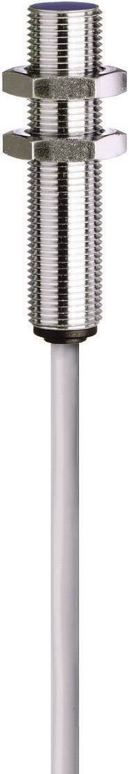 Metallsensor mit Gewinde, montiert auf einem weißen Kabel. Entworfen für industrielle Anwendungen zur Erkennung von Objekten.