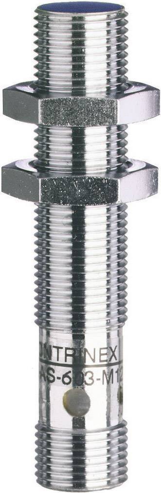 Zylindrischer, metallischer Näherungssensor mit zwei Befestigungsmuttern, geeignet für industrielle Anwendungen.