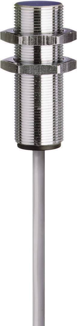 Ein zylindrischer Metallsensor mit Gewinde und Kabelanschluss, geeignet für automatisierte industrielle Anwendungen.