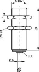 Ein technisches Diagramm eines zylindrischen Bauteils mit Gewinde M16x1, einer Länge von 50 mm, seitlicher LED-Anzeige und markierten Durchmessern.