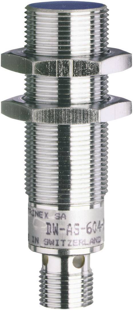 Zylindrischer, metallischer Näherungssensor mit Gewinde, Beschriftung 'DW-AS-604' und 'MADE IN SWITZERLAND' sichtbar.