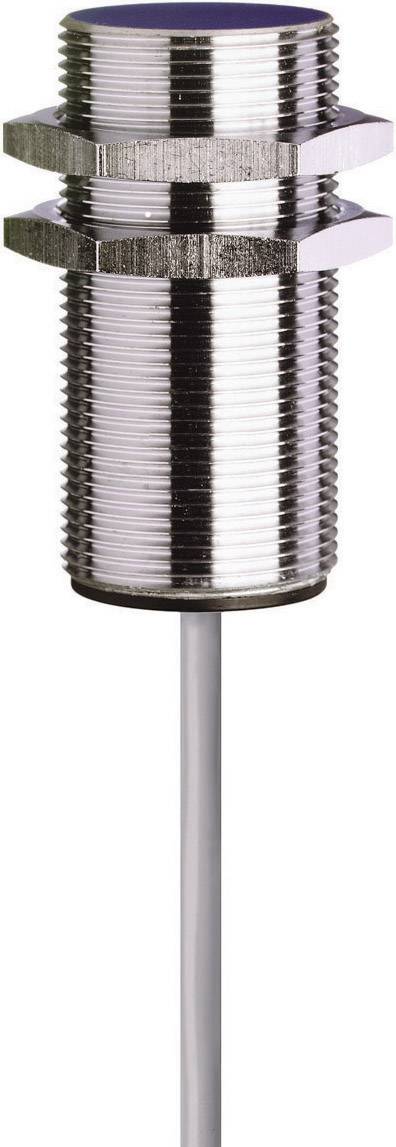 Ein metallischer zylindrischer Sensor mit Gewinde und Kabelanschluss. Verwendet zur Erfassung von Objekten in industriellen Anwendungen.