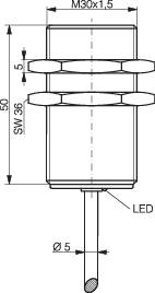 Technische Zeichnung von einem LED-Bauteil mit Abmessungen, oben mit einem Querschnittsansicht des Gehäuses und unten Anschlussdetails.