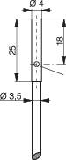 Technische Zeichnung eines zylindrischen Objekts mit Durchmessern von 4 mm und 3,5 mm. Gesamtlänge 25 mm, Abschnitt 18 mm markiert.