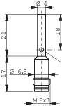 Technische Zeichnung eines zylindrischen Bauteils mit Abmessungen: Länge 21 mm, Durchmesser oben 4 mm, unten 6,5 mm, Gewinde M8x1.