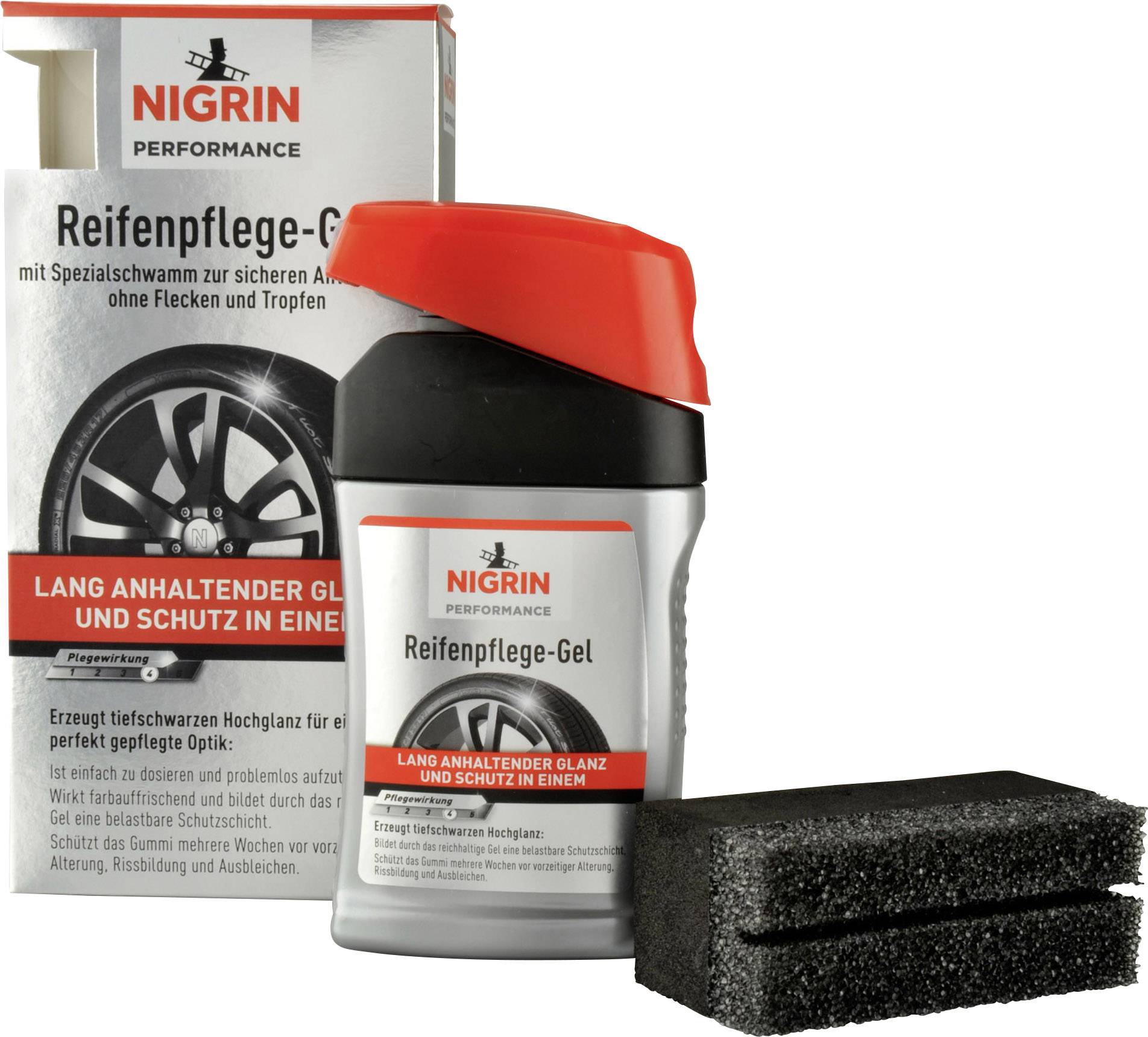 Nigrin Performance Reifenset: Reifenpflege-Gel mit Spezialschwamm für glänzende und geschützte Reifen. Verpackung und Produkt abgebildet.