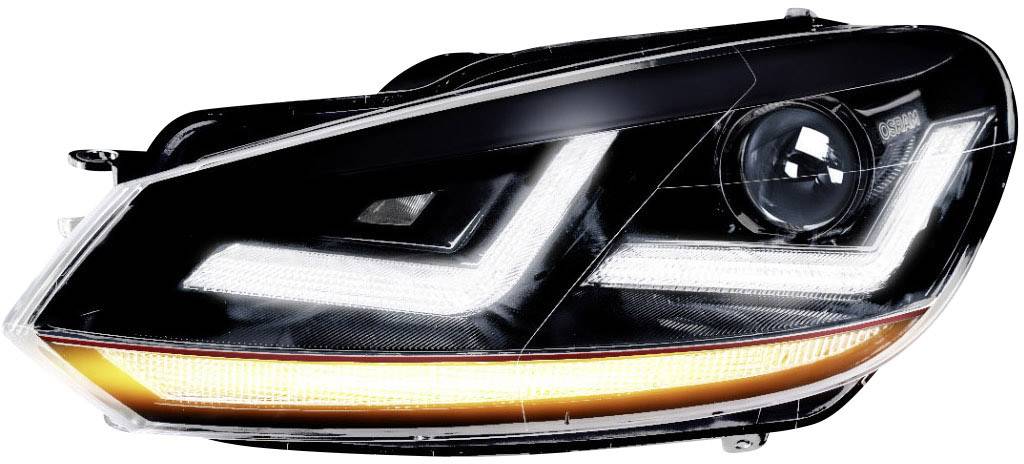Ein moderner Auto-Scheinwerfer mit LED-Technologie; geformt mit markanten Linien und integriertem Blinker.