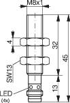 Technische Zeichnung eines zylindrischen Steckverbinders mit M8-Gewinde. Abmessungen: Gesamtlänge 45 mm, Abschnittslängen 13 mm, 32 mm und 4 mm, Schraubenschlüsselgröße SW13.