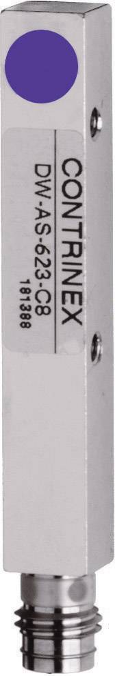Ein zylindrischer, silberner metallischer Sensor mit blauer Spitze, beschriftet 'Contrinex DMS-622-C8', verwendet für genaue Messungen.