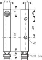 Technische Zeichnung eines elektronischen Bauteils mit Abmessungen. Zeigt Positionen der LEDs und Schraubenlöcher.