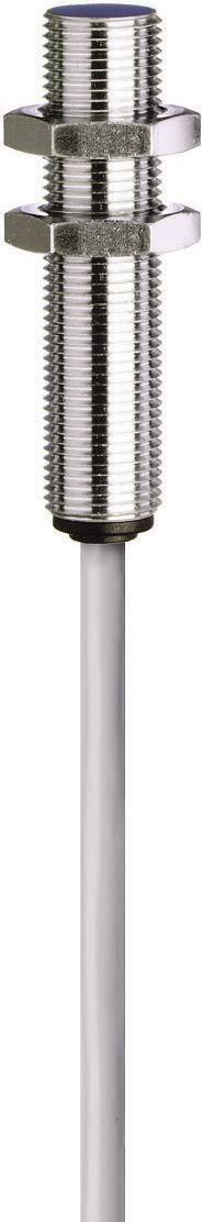 Ein zylindrischer Metall-Sensor mit zwei Muttern und einem Kabel, typisch für industrielle Anwendungen.