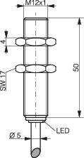 Technische Zeichnung eines Sensorgehäuses. Markierungen sind für M12-Gewinde, LED-Position, Gesamtlänge 50 mm, SW17-Sechskant.