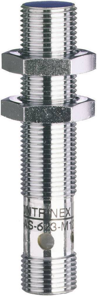 Induktionssensor in zylindrischer Form mit Gewinde und zwei Muttern zur Befestigung. Oberfläche aus Metall, geeignet für industrielle Anwendungen.