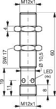 Technische Zeichnung eines zylindrischen Bauteils mit Abmessungen: Gesamtlänge 60mm, Durchmesser 10,5mm, zwei M12x1-Gewinde, LED-Markierung.