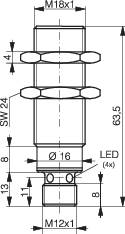 Technische Zeichnung eines zylindrischen Bauteils; oben M16x1-Gewinde, Gesamtlänge 63,5 mm, unten M12x1-Gewinde, Ø 16 mm.