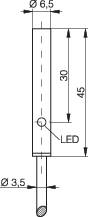 Schaltplan eines zylindrischen Elements mit Ø 6,5 mm, Länge 45 mm. Markierung 'LED' zeigt Position. Ein Kabel ist unten befestigt.