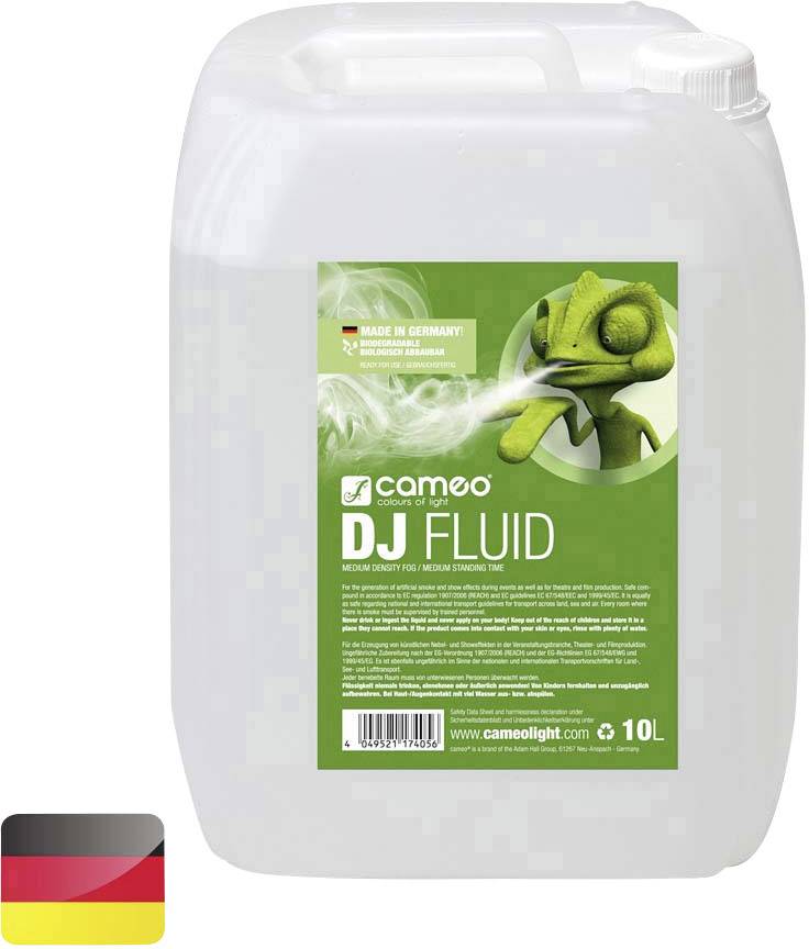Ein 10-Liter-Kanister mit Cameo DJ Fluid für Nebelmaschinen. Enthält ein grünes Chamäleon-Design auf dem Etikett und das 