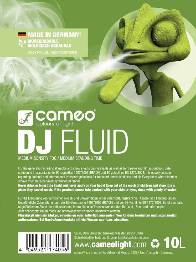 Ein Kanister mit grünem Etikett zeigt 'DJ FLUID', ein Nebelfluid von Cameo. Umweltfreundlich, biologisch abbaubar, 10L Inhalt.